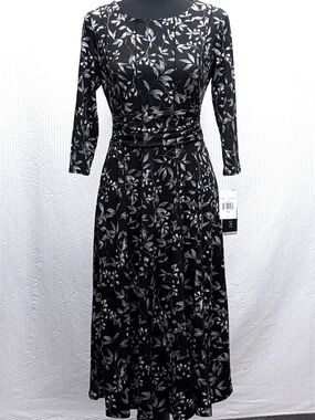 Perceptions Floral Midi Dress Petite Small Black Gray 3/4 Sleeve Fall NWT